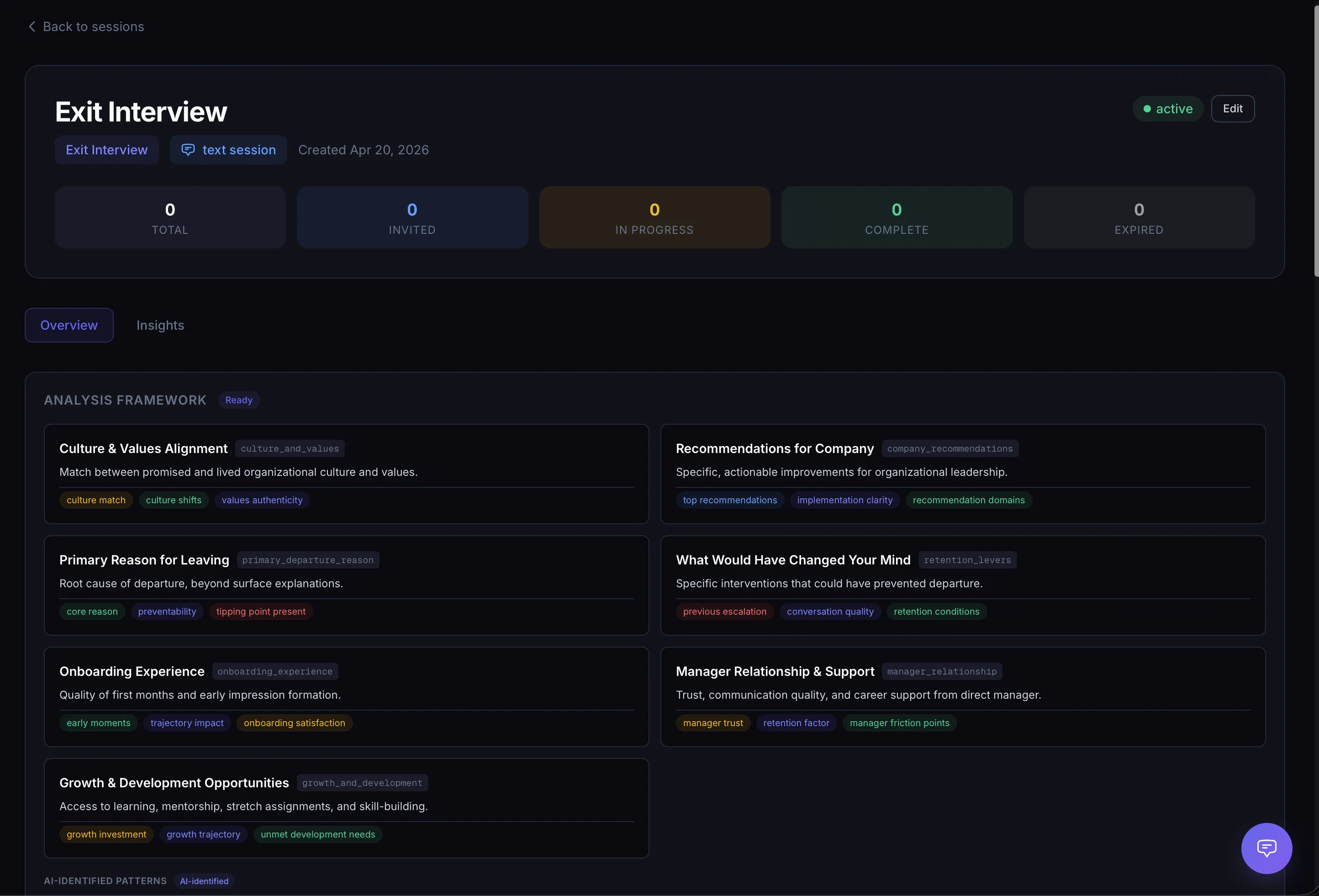 Exit interview analysis framework showing AI-identified themes and patterns